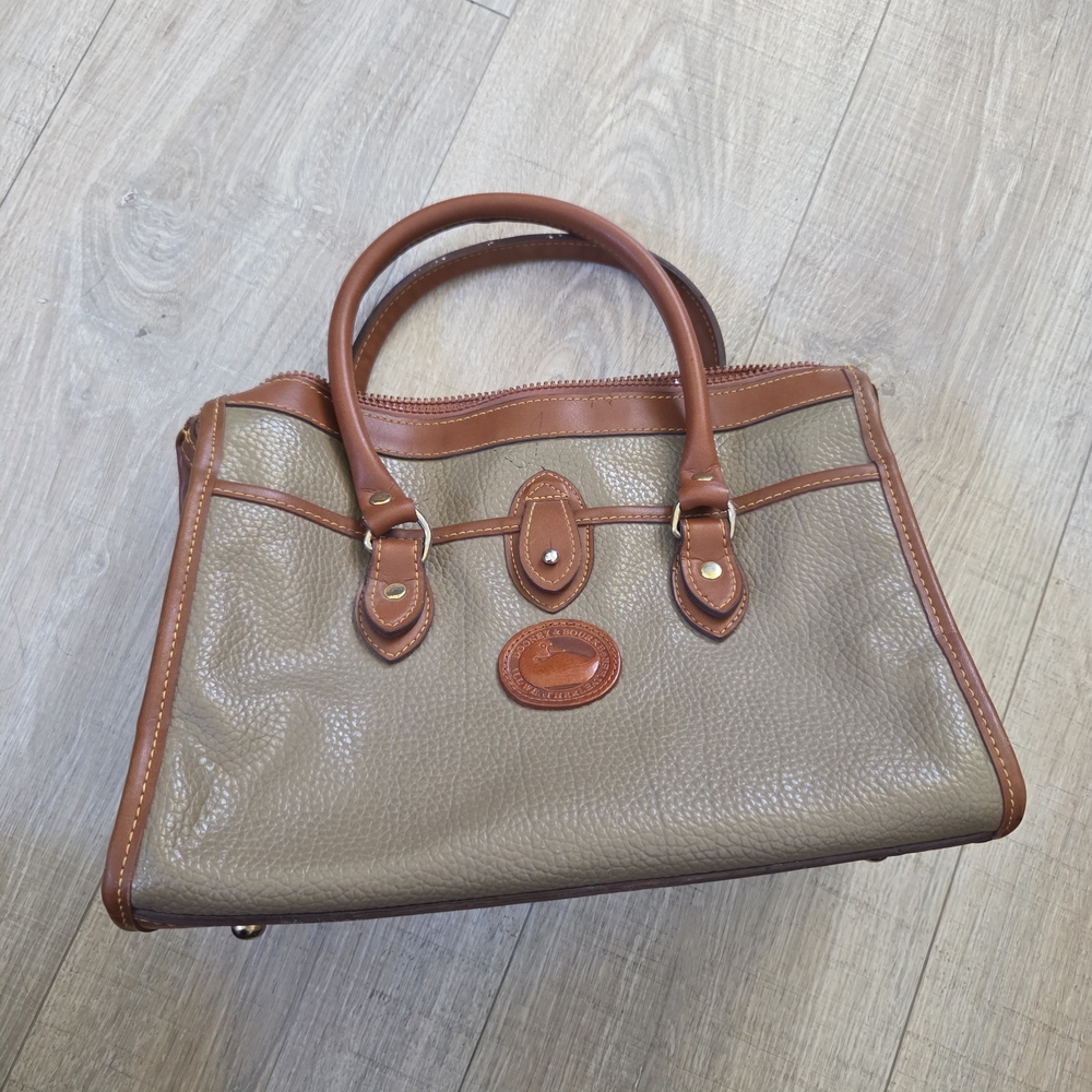 Dooney & Bourke Pebbled Leather Satchel in Taupe with Brown Trim